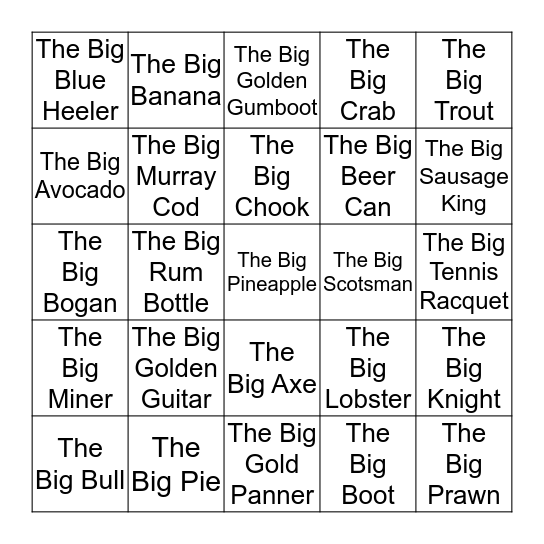 Australia's 'Big Things' Bingo Card