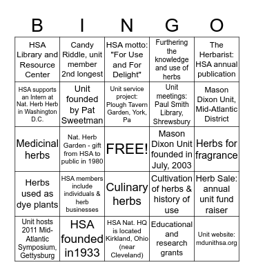 HSA & Mason Dixon Unit Trivia Bingo Card