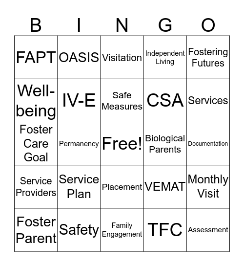 Foster Care Bingo Card