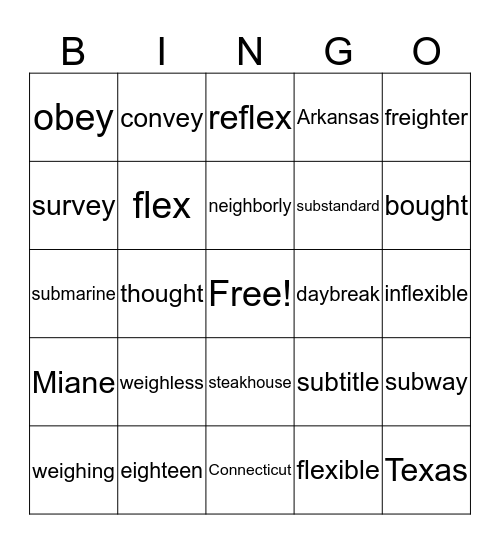 Unit 5 Spelling Words  Bingo Card