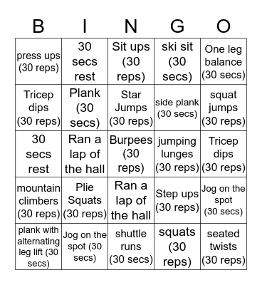 Fitness bingo!  Bingo Card
