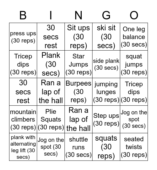 Fitness bingo!  Bingo Card