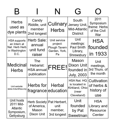HSA & Mason Dixon Unit Trivia Bingo Card