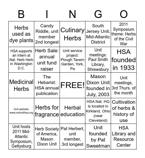 HSA & Mason Dixon Unit Trivia Bingo Card