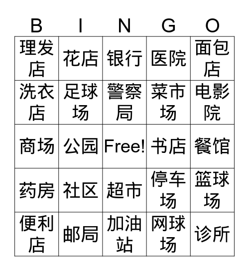Places in Community Bingo Card