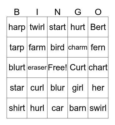 Bossy R bingo Card