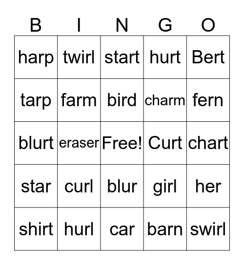 Bossy R bingo Card