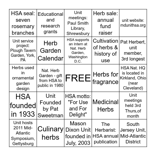 Herb Trivia Bingo Card