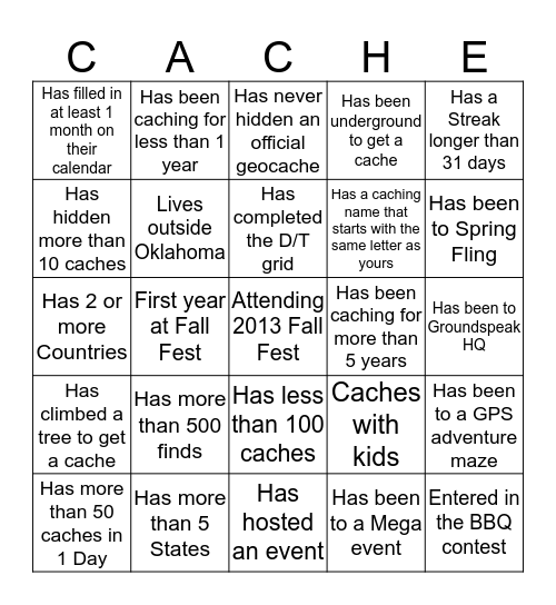 Geocacher Bingo Card