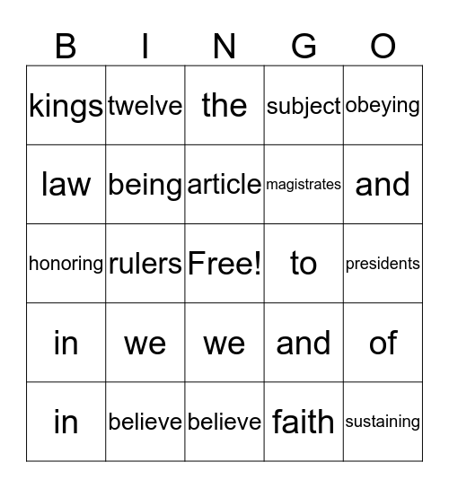 Article of Faith 12 Bingo Card