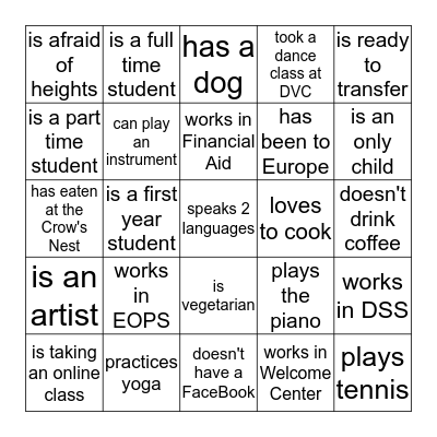 STUDENT BINGO! Bingo Card