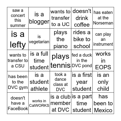 STUDENT BINGO! Bingo Card