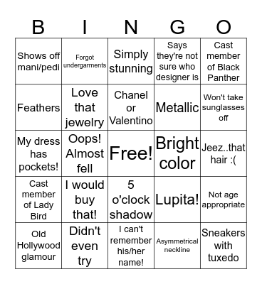 Red Carpet Bingo Card