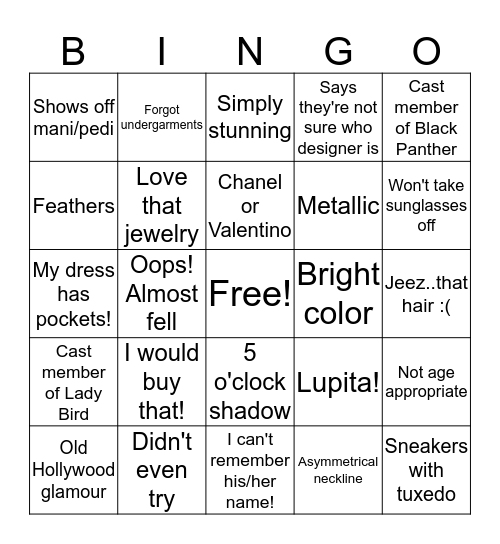 Red Carpet Bingo Card