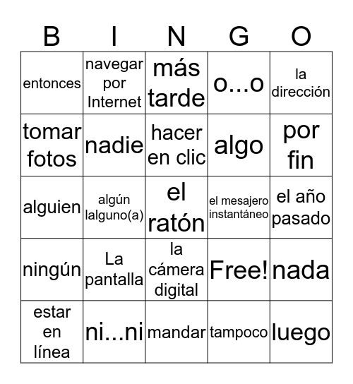 Spanish Vocab Unite 7.1 Bingo Card