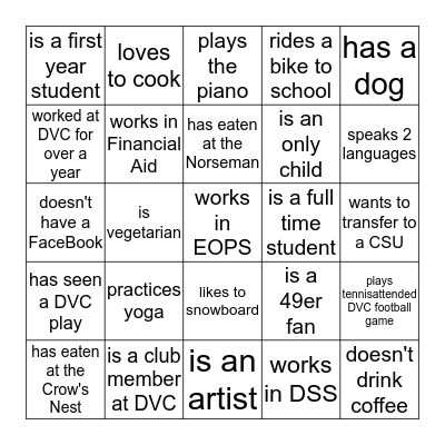 STUDENT BINGO! Bingo Card