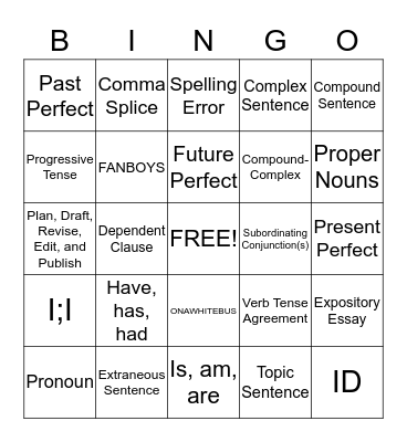 USMS 7th Grade Grammar & Writing Bingo Card