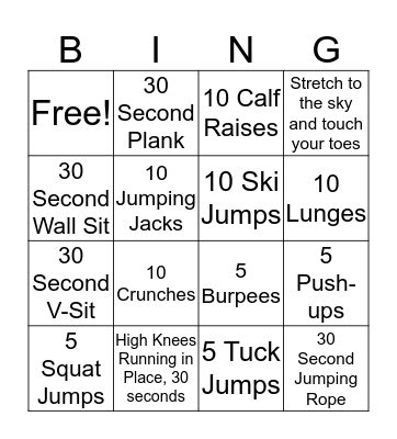 Fitness Bingo Card