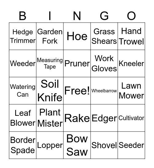 Garden Tools Bingo Card