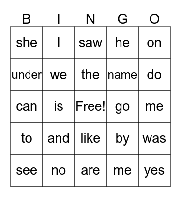 Kinder Sight Words Bingo Card