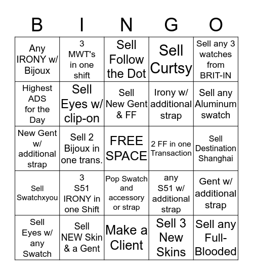 SWATCH  Bingo Card