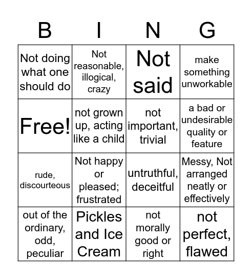 Words with Prefixes that Mean "NOT" Bingo Card