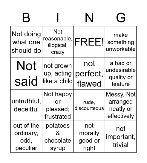 Vocabulary with Prefixes that Mean "NOT" Bingo Card