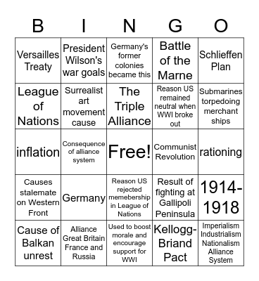 World War I Bingo Card