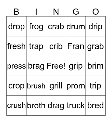 Beginning "R" Blends Bingo Card