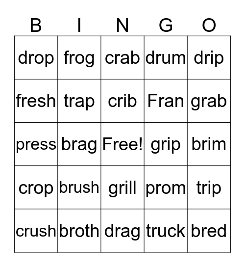 Beginning "R" Blends Bingo Card