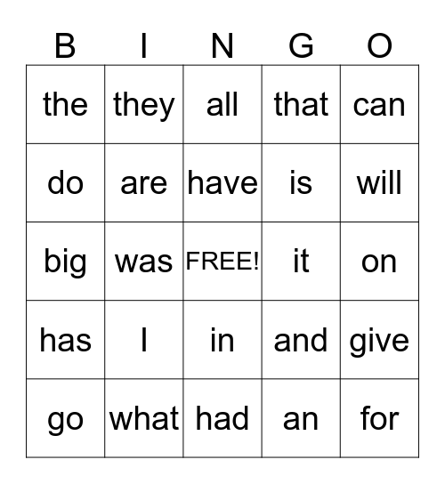 MAP Sight Word Bingo Level 1 Bingo Card