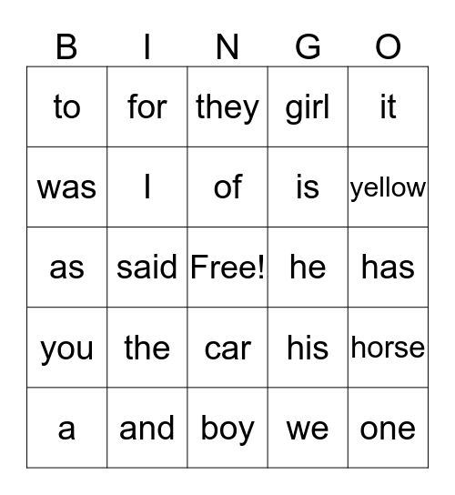 Sight Word Bingo Card