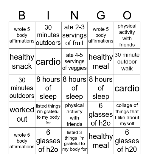 Physical Wellness Bingo Card
