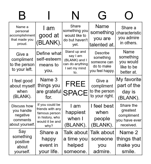 Self-Esteem Bingo Card