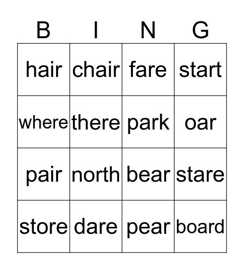 U4-Wk 5: -are, -air, -ear, -ere Bingo Card