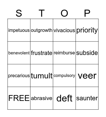 Vocabulary Bingo Card