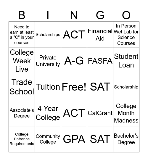 College Month BINGO Card