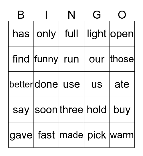 DOLCH WORD Bingo Card