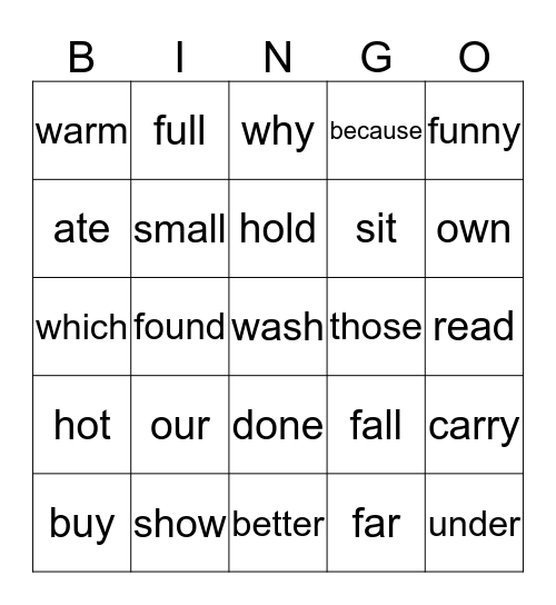 Dolch Word Bingo Card