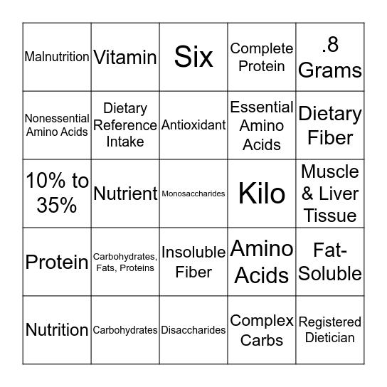 Nutrition Bingo Card