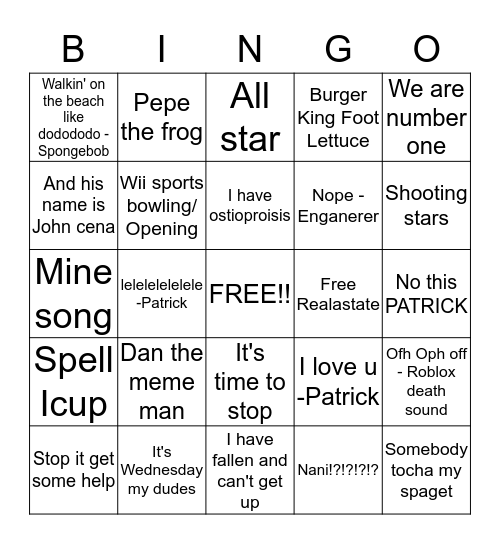 Memes Bingo Card - roblox death sound song wii