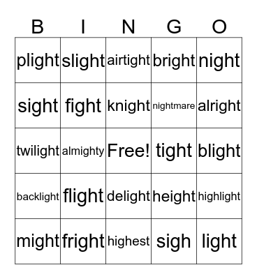"igh" says "i" Bingo Card