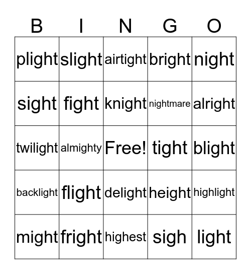 "igh" says "i" Bingo Card