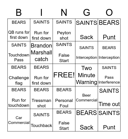 SAINTS VS. BEARS Bingo Card