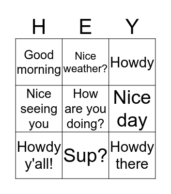 Greetings Bingo Card