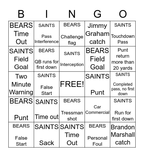 SAINTS VS. BEARS Bingo Card