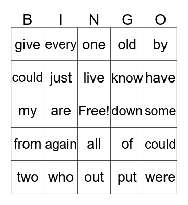 Lexia Sight Word Bingo Card