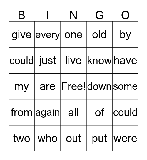 Lexia Sight Word Bingo Card
