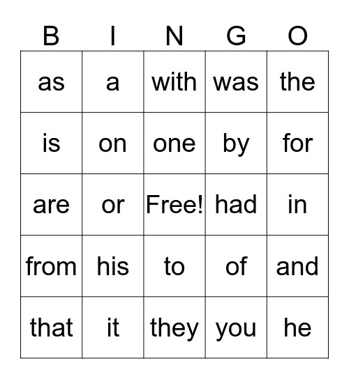 Hannah's Words Bingo Card