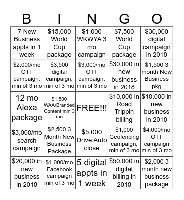 2018 SALES BINGO Card